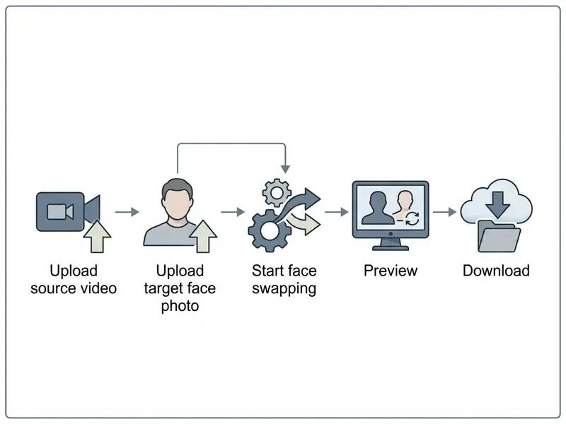 Flowchart showing steps to upload video and face, process the swap, preview results, and download files