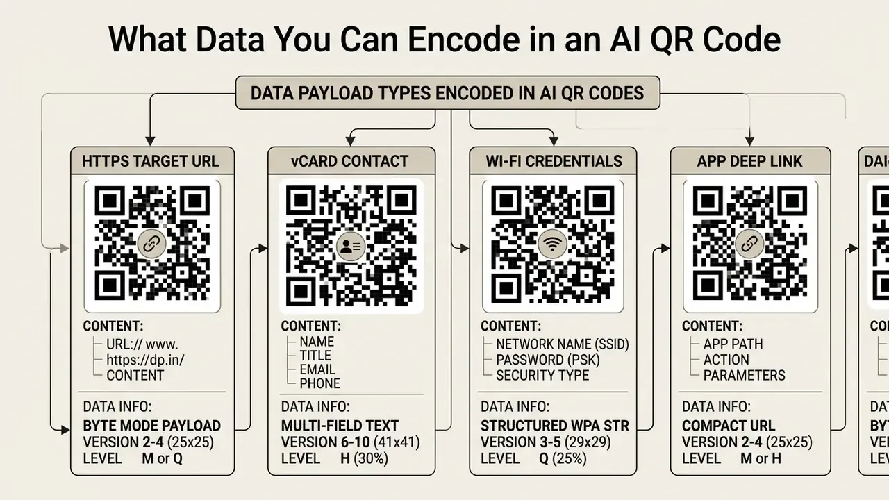 Table comparing data payload types, grid sizes, and error correction levels for various QR code formats