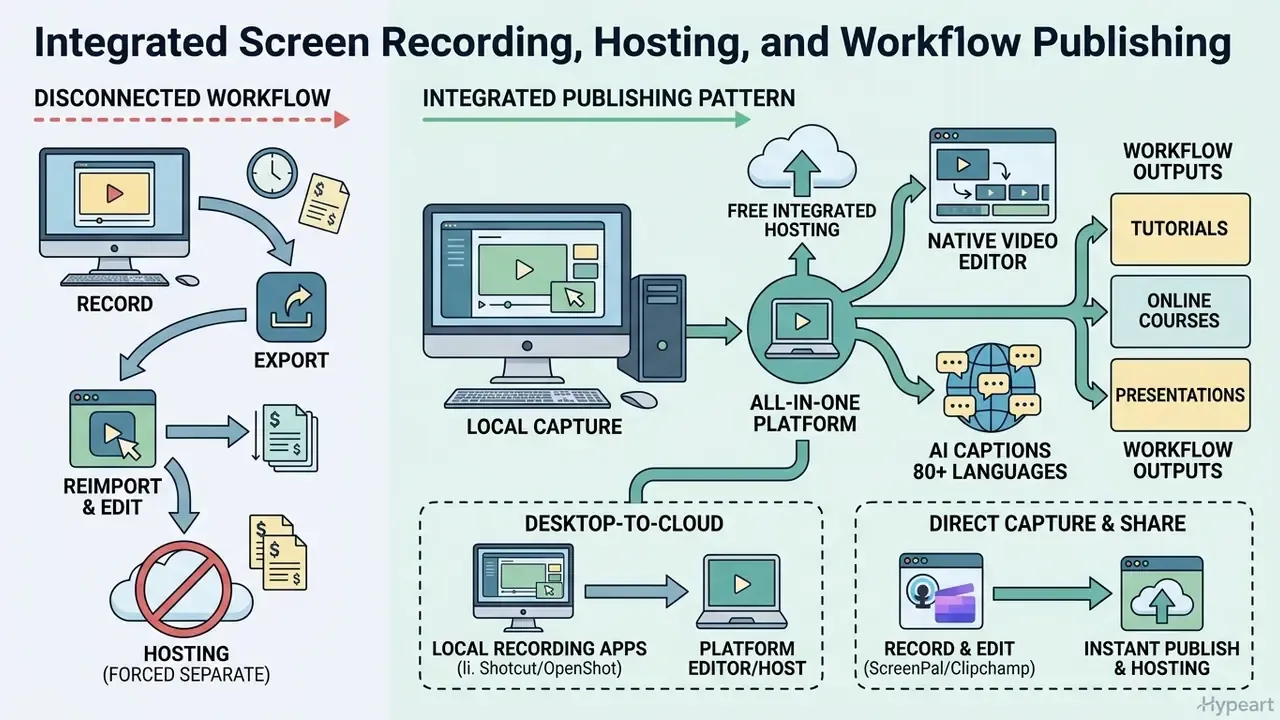 Diagram contrasting inefficient disconnected workflows with streamlined integrated video production patterns