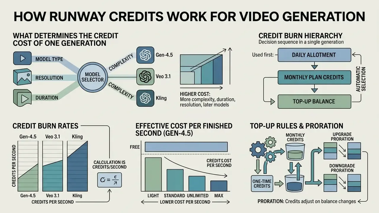 Flowchart detailing Runway credit consumption factors, burn hierarchy, and top-up rules for video generation