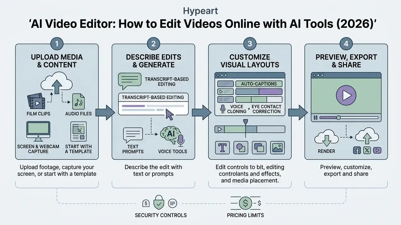 Four sequential steps illustrating media upload, text-based generation, visual customization, and export