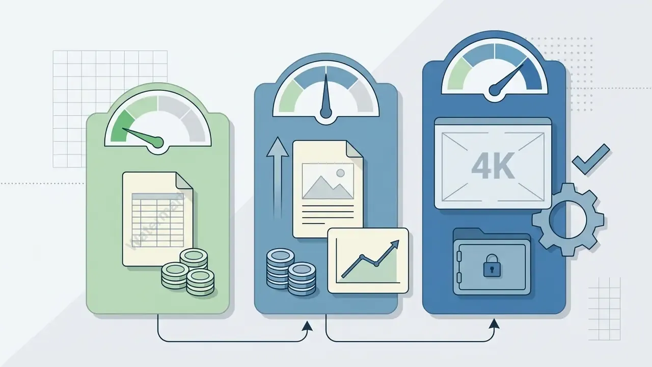 Three vertical panels representing pricing tiers with speedometers and icons for credits and 4K features