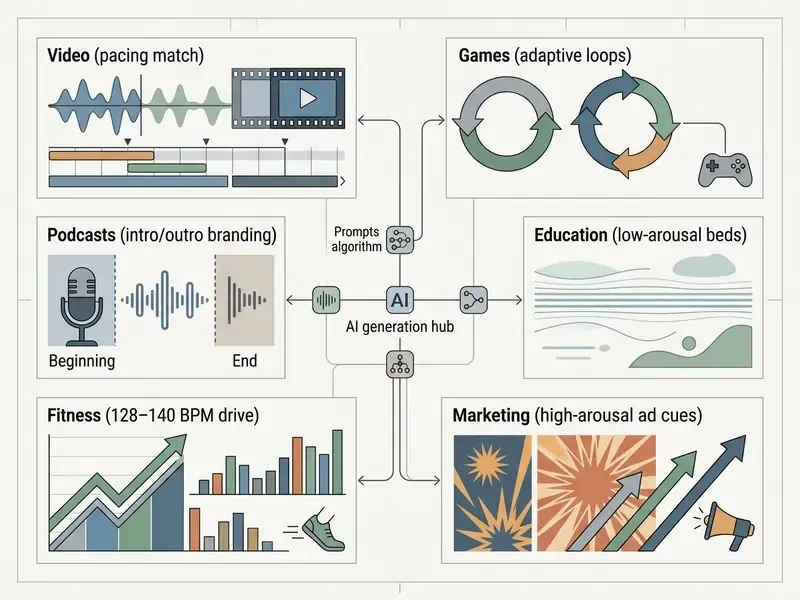 Matrix showing audio integration patterns for video, games, podcasts, education, fitness, and marketing