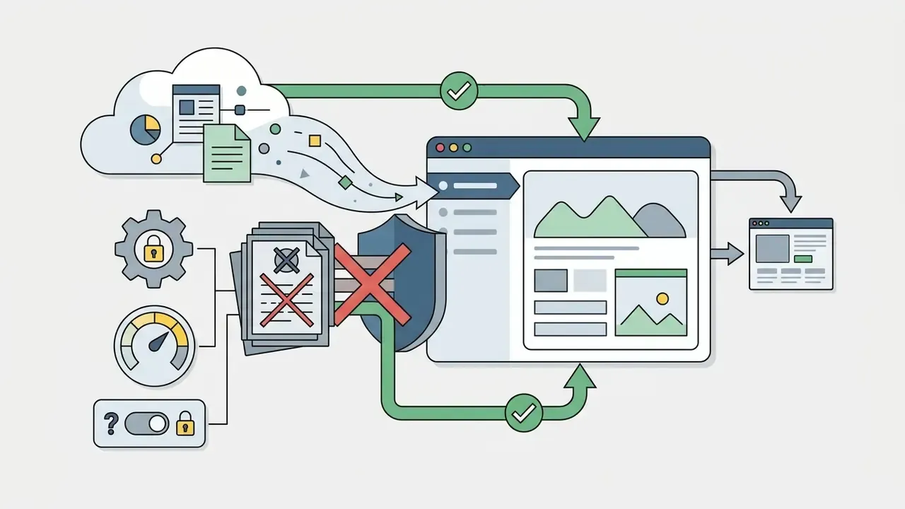Redacted documents blocked by a shield icon before reaching a website interface with cloud integration