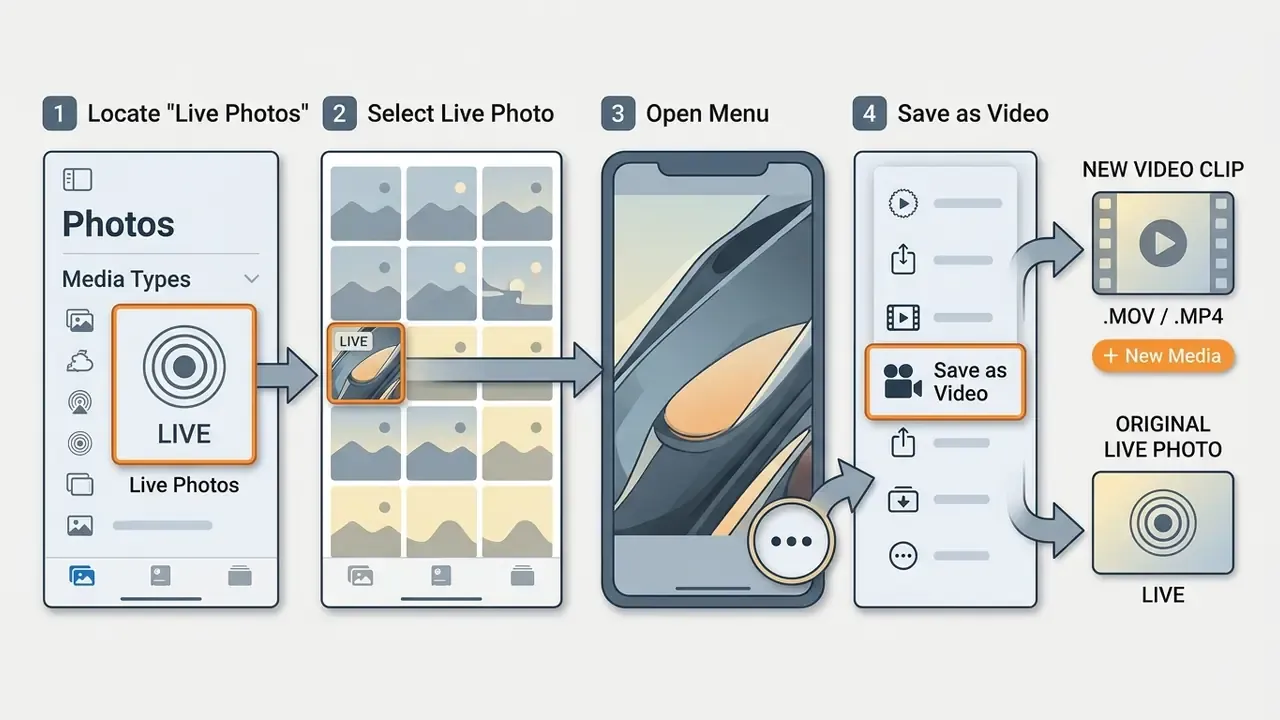 Four steps showing how to select a Live Photo from a library and save it as a new video file
