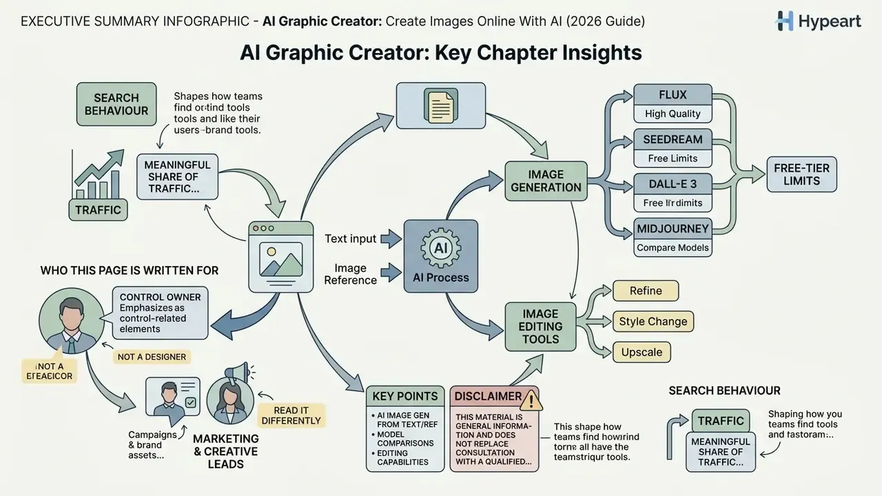 Flowchart detailing the AI graphic creator process, target audiences, and key search behavior insights