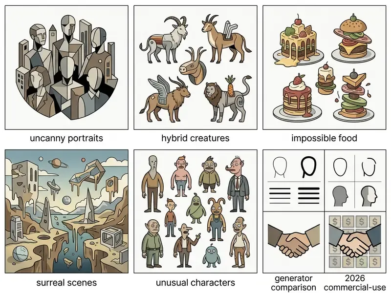 Grid of six panels showing stylized illustrations of portraits, creatures, food, landscapes, and characters