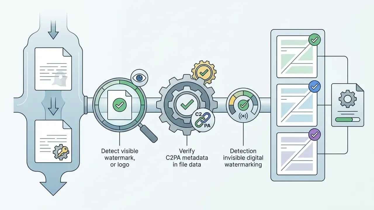 Files passing through a pipeline with inspection stations for logos, C2PA metadata, and digital watermarks