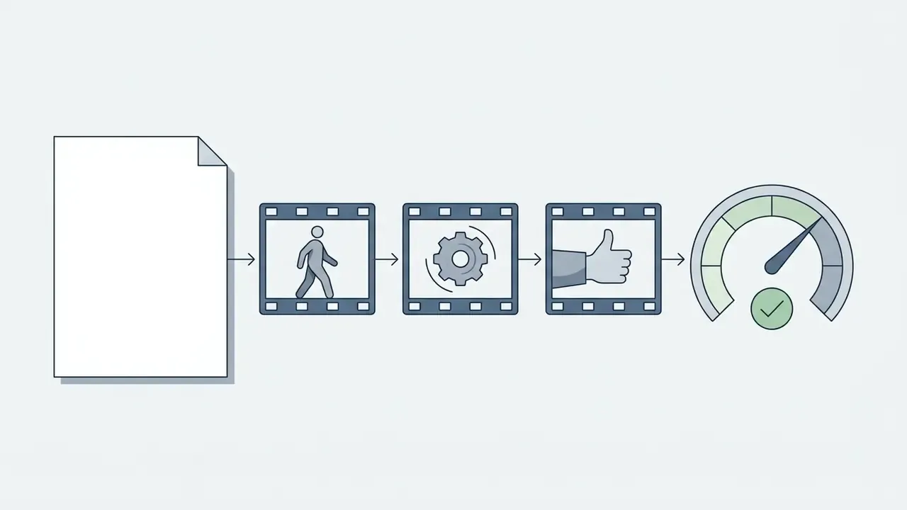 Document page feeding into film strips with action, gear, and approval icons leading to a gauge