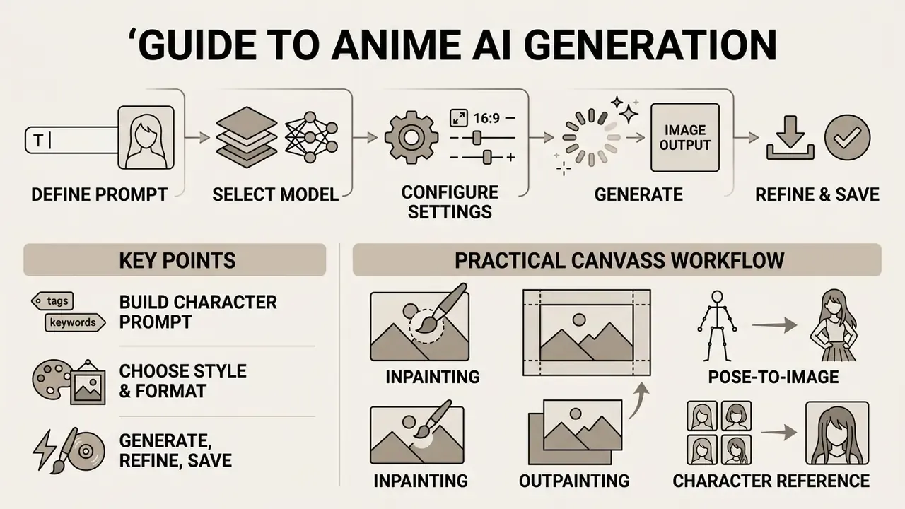 Step-by-step diagram showing the process of creating digital character art through prompt and canvas tools
