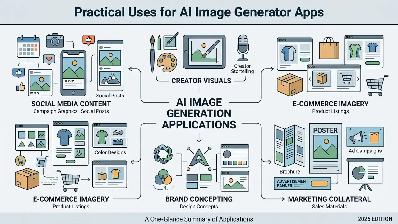 Infographic showing how generative software supports social media, e-commerce, branding, and marketing
