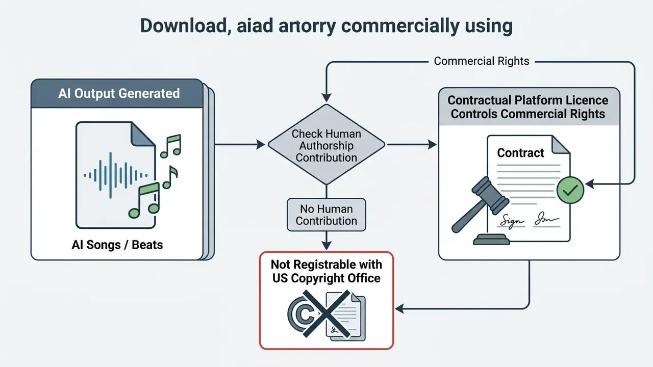 Diagram showing the legal process for determining copyright and commercial rights for AI music tracks