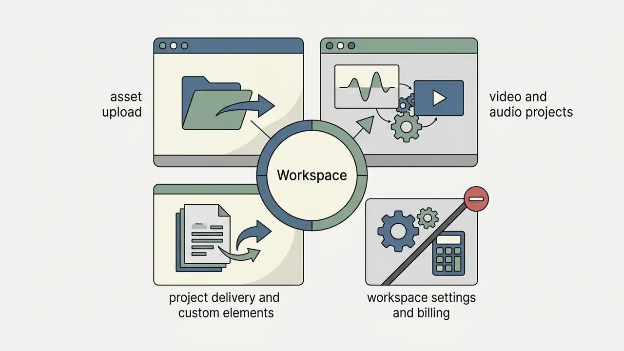 Workspace hub connecting asset uploads, video projects, and custom elements while blocking billing access
