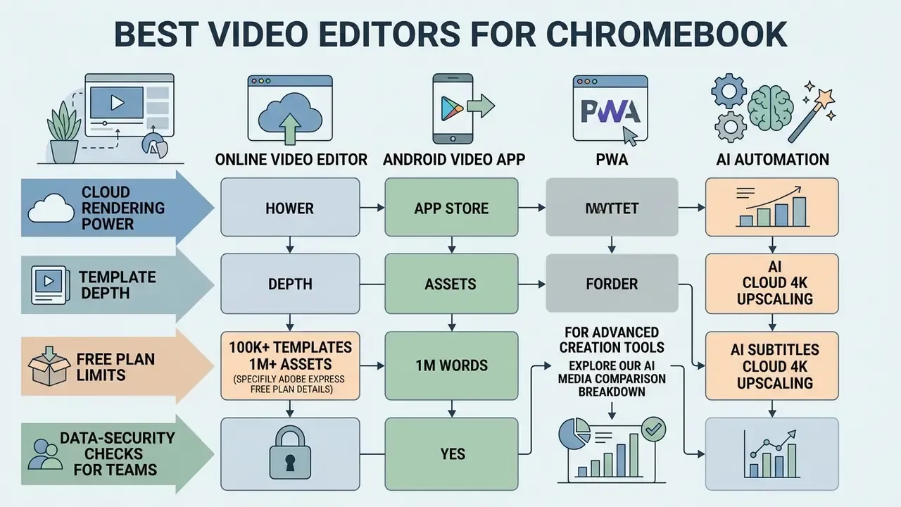 Flowchart comparing features of online editors, Android apps, PWAs, and AI tools for Chromebook video editing