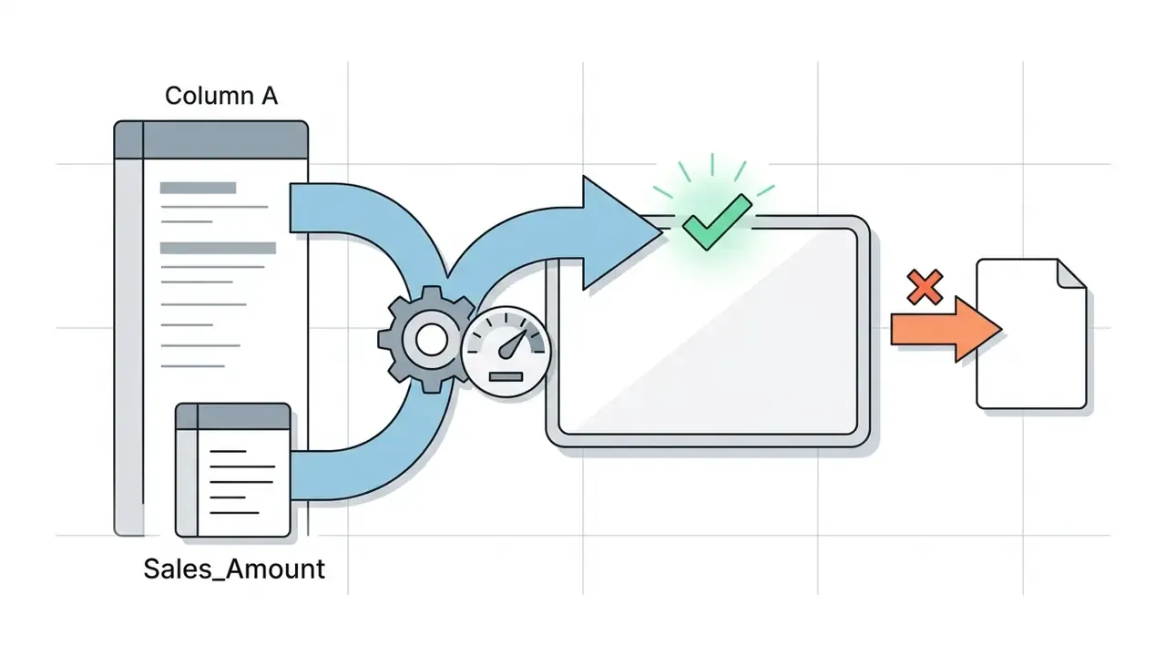 Diagram showing spreadsheet data being processed by a gear and gauge icon to produce a verified output