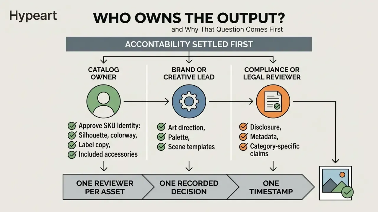 Infographic showing three roles responsible for approving AI product photography assets for ecommerce