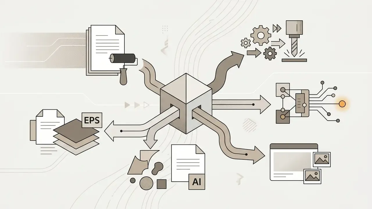 Central cube distributing design files to icons representing CNC machining, circuit boards, and web assets
