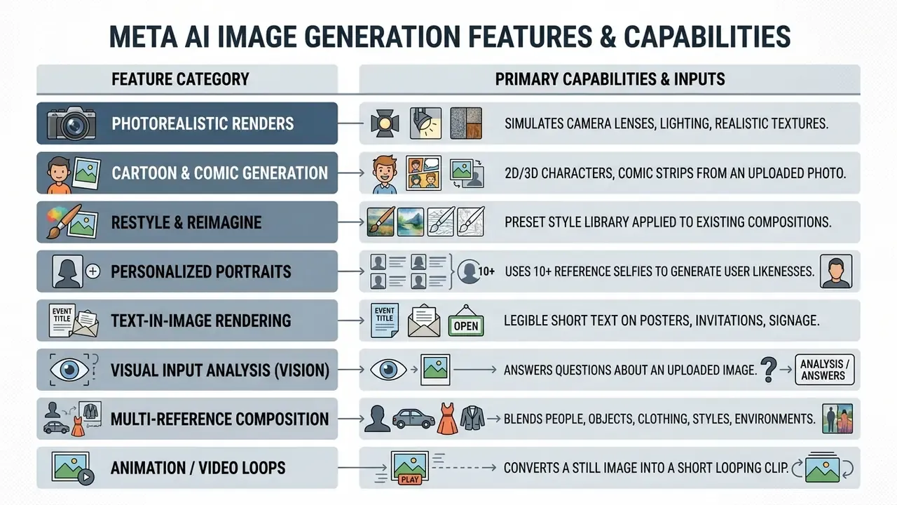 Table outlining Meta AI image generation capabilities including photorealistic renders and visual analysis