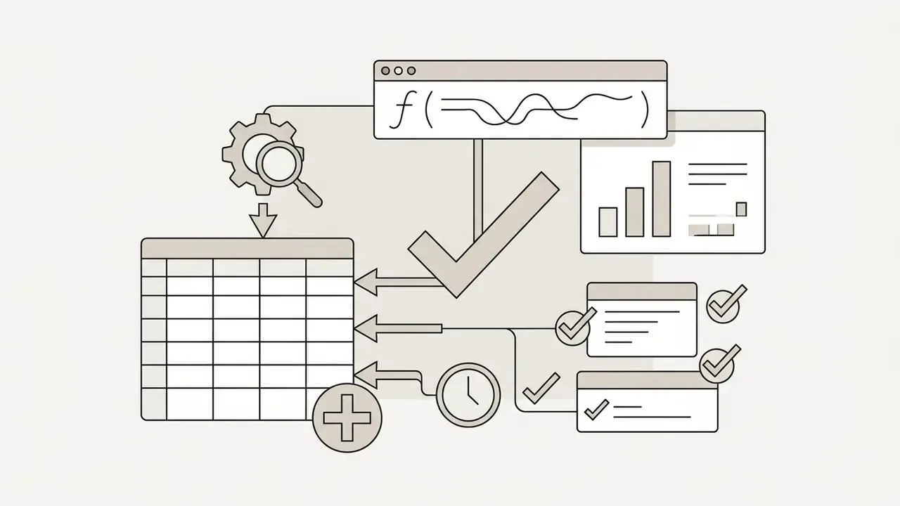 Conceptual diagram showing a formula window, a table, and task lists connected by checkmarks and icons