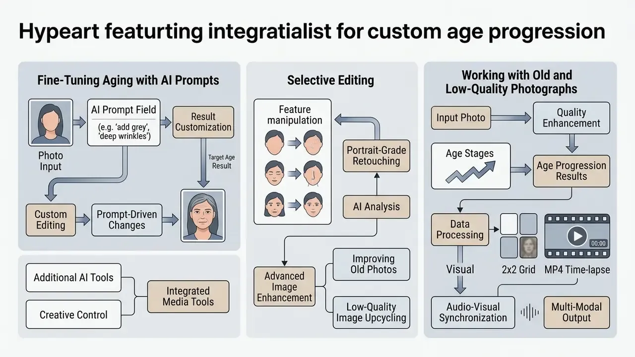 Diagram detailing AI workflows for custom aging, selective facial editing, and restoring old photos