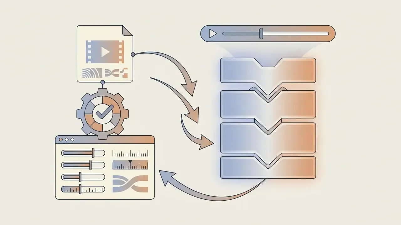 Video file icon and editing controls linked to a stacked sequence of processing layers
