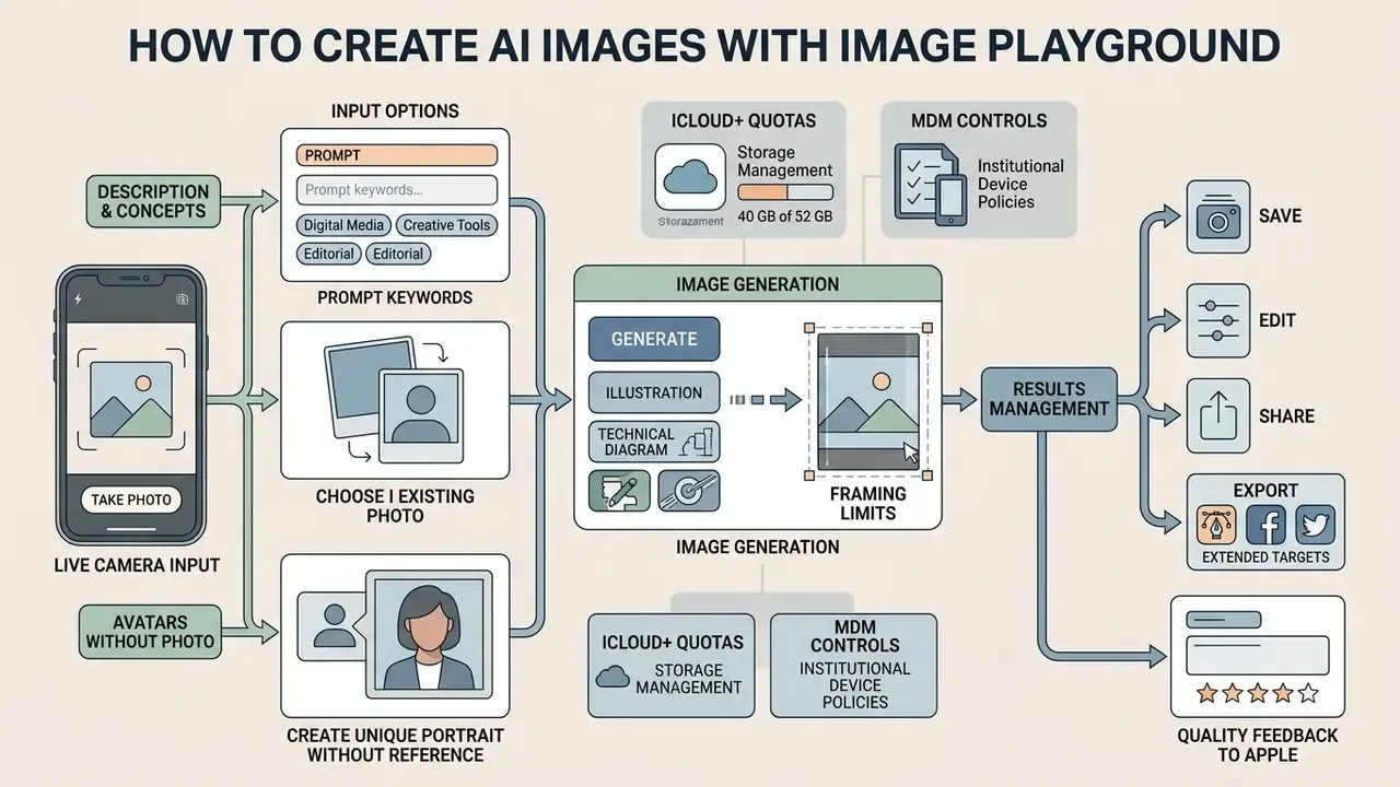 Diagram mapping the input methods, generation process, and output management for Image Playground