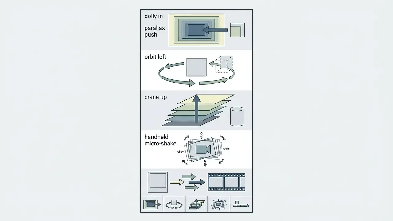 Icons illustrating camera movements like dolly, orbit, crane, and shake for motion control in animation