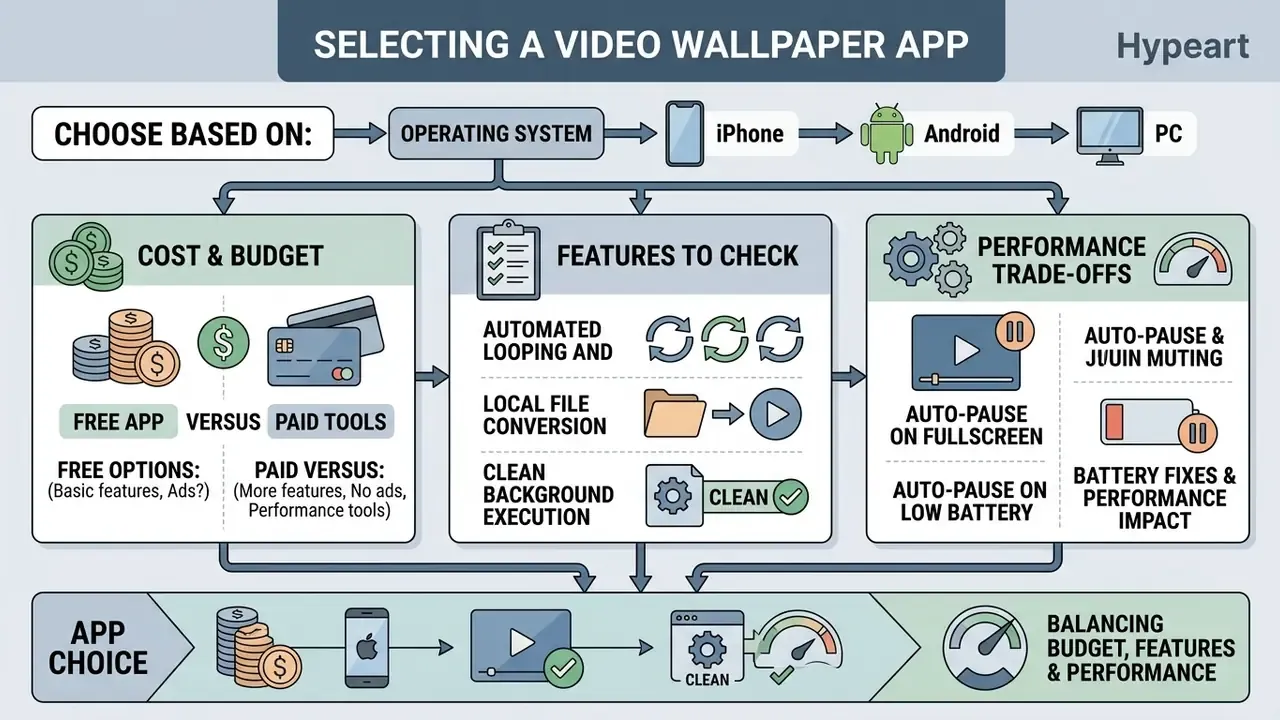 Infographic comparing costs, features, and performance trade-offs when selecting a video wallpaper app