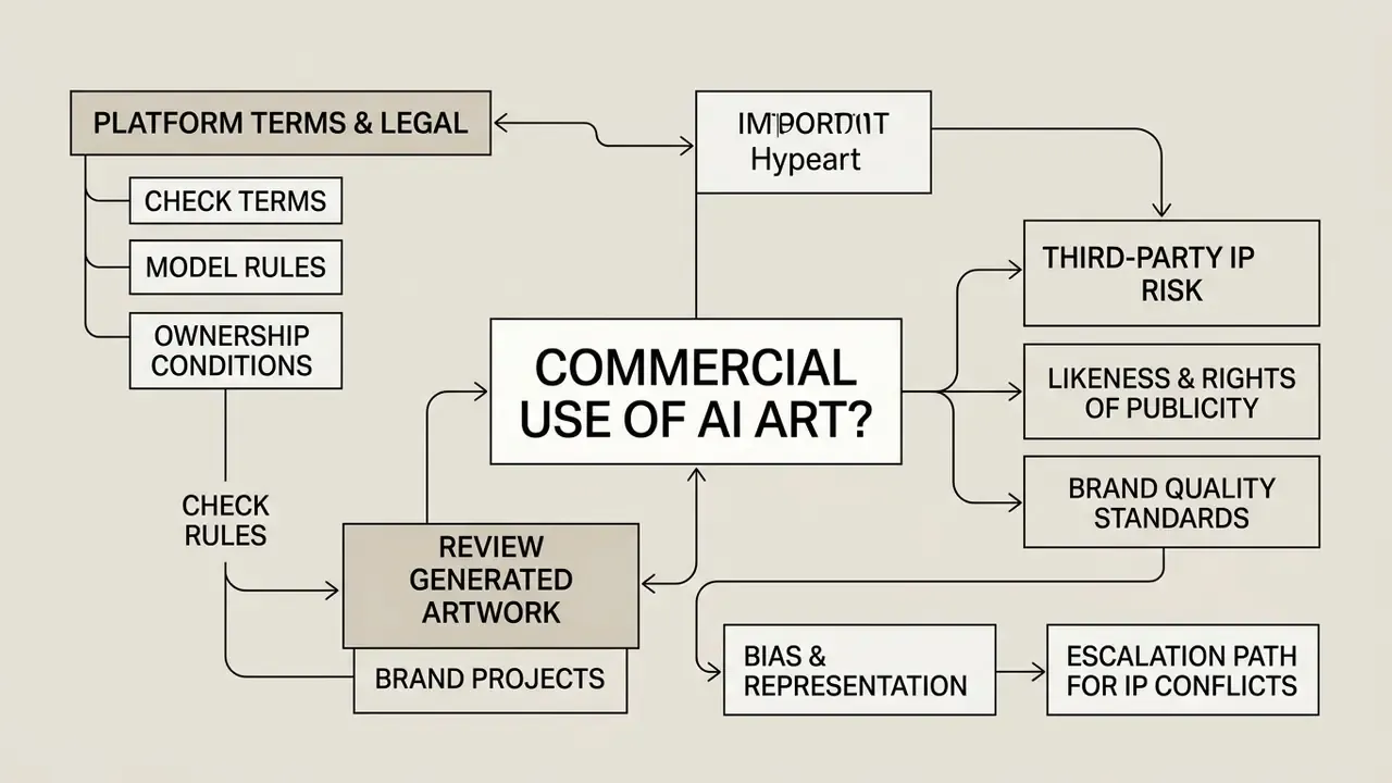 Decision tree outlining legal and compliance considerations for the commercial use of generated imagery
