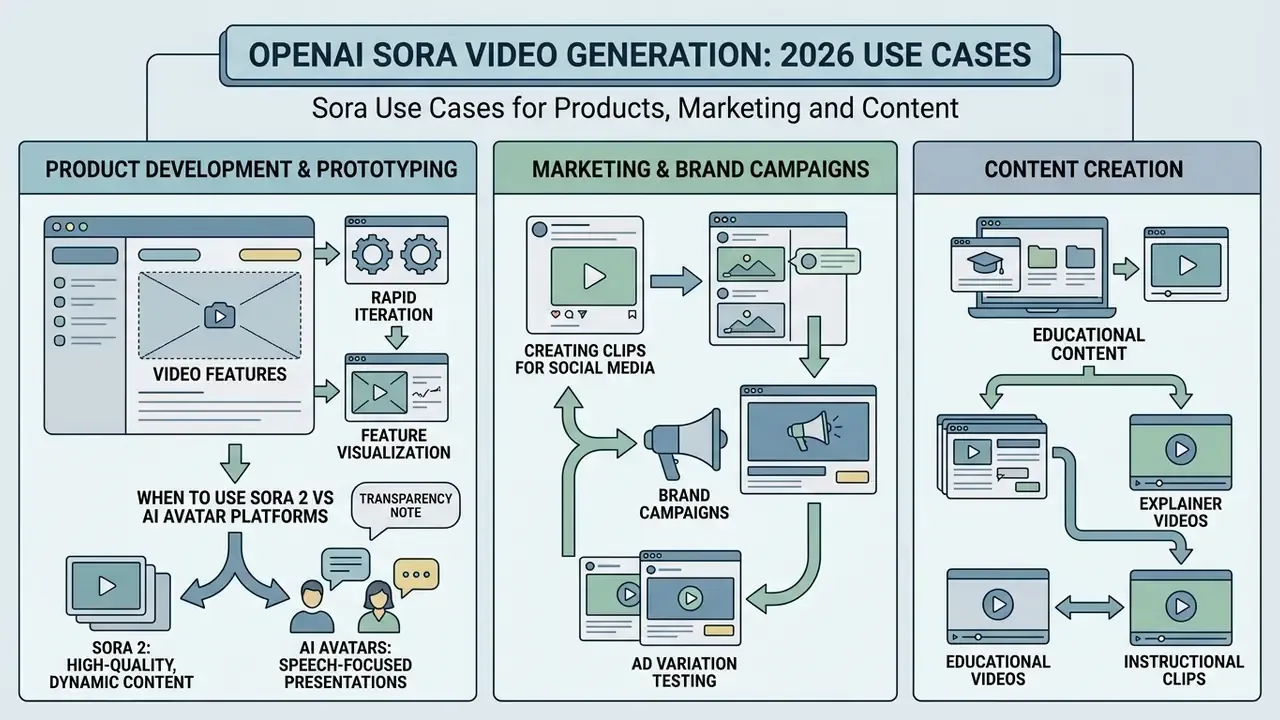 Diagram categorizing OpenAI Sora video generation applications across product development, marketing, and content