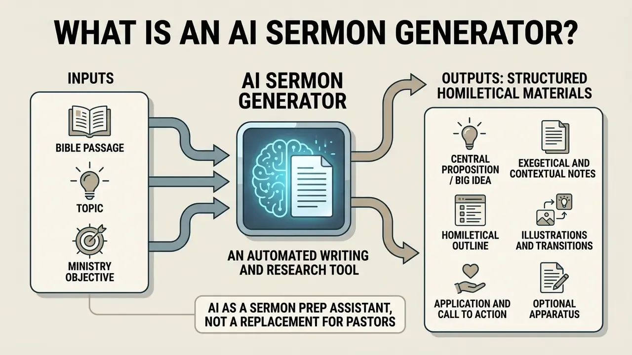 Flowchart showing how inputs like Bible passages transform into structured homiletical outputs via AI