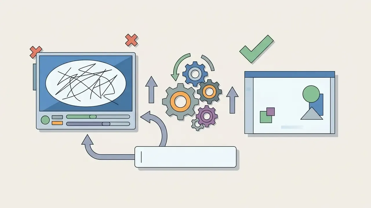 Screen showing messy scribbles being processed through gears to emerge as a clean image with geometric shapes