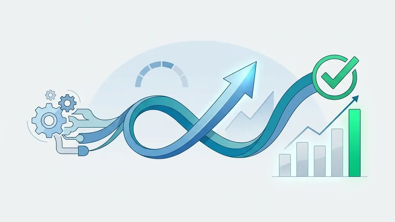 Intertwined arrows originating from gears and ending at a green checkmark above a rising bar graph