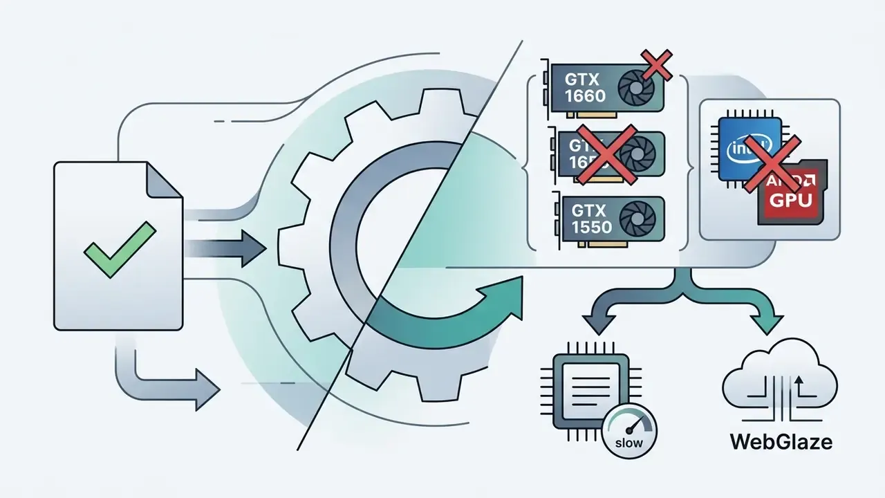 Icons of incompatible graphics cards and processors pointing to slow CPU processing or WebGlaze options