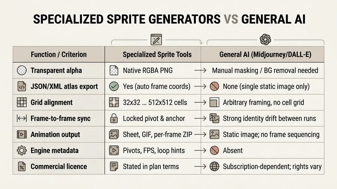 Comparison table contrasting technical features of dedicated sprite tools against general AI models