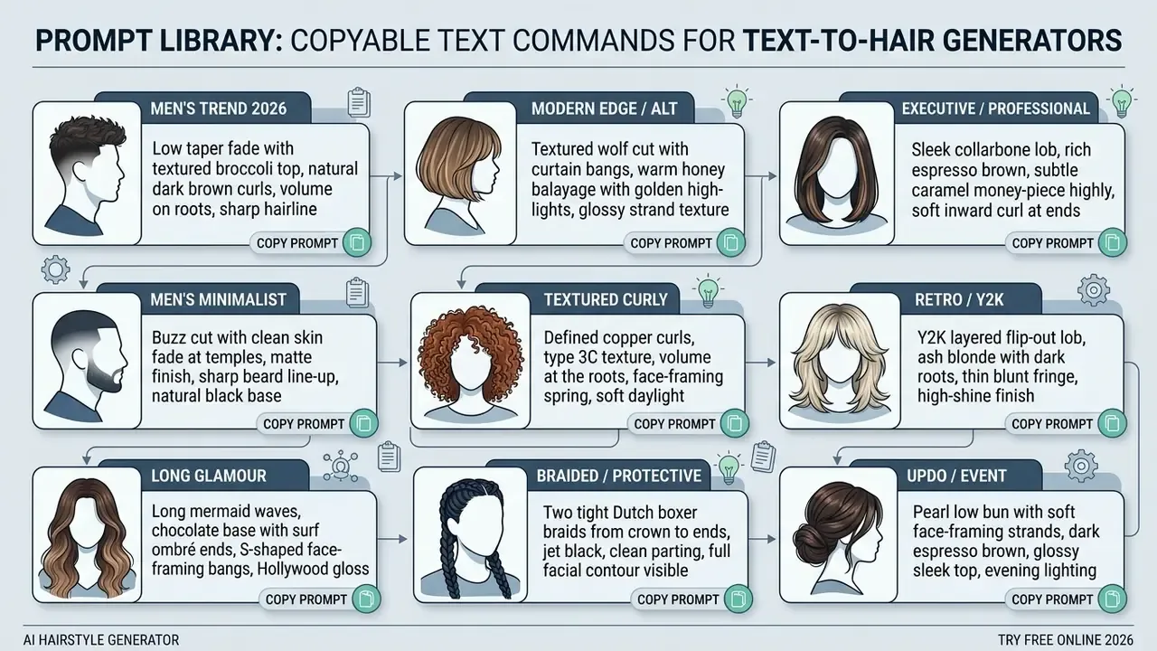 Grid of nine hairstyle examples with descriptive text prompts and copy buttons for each style