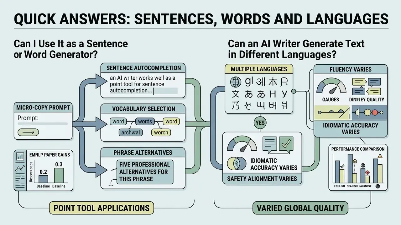 Diagram comparing AI text generation capabilities for word selection and multilingual performance