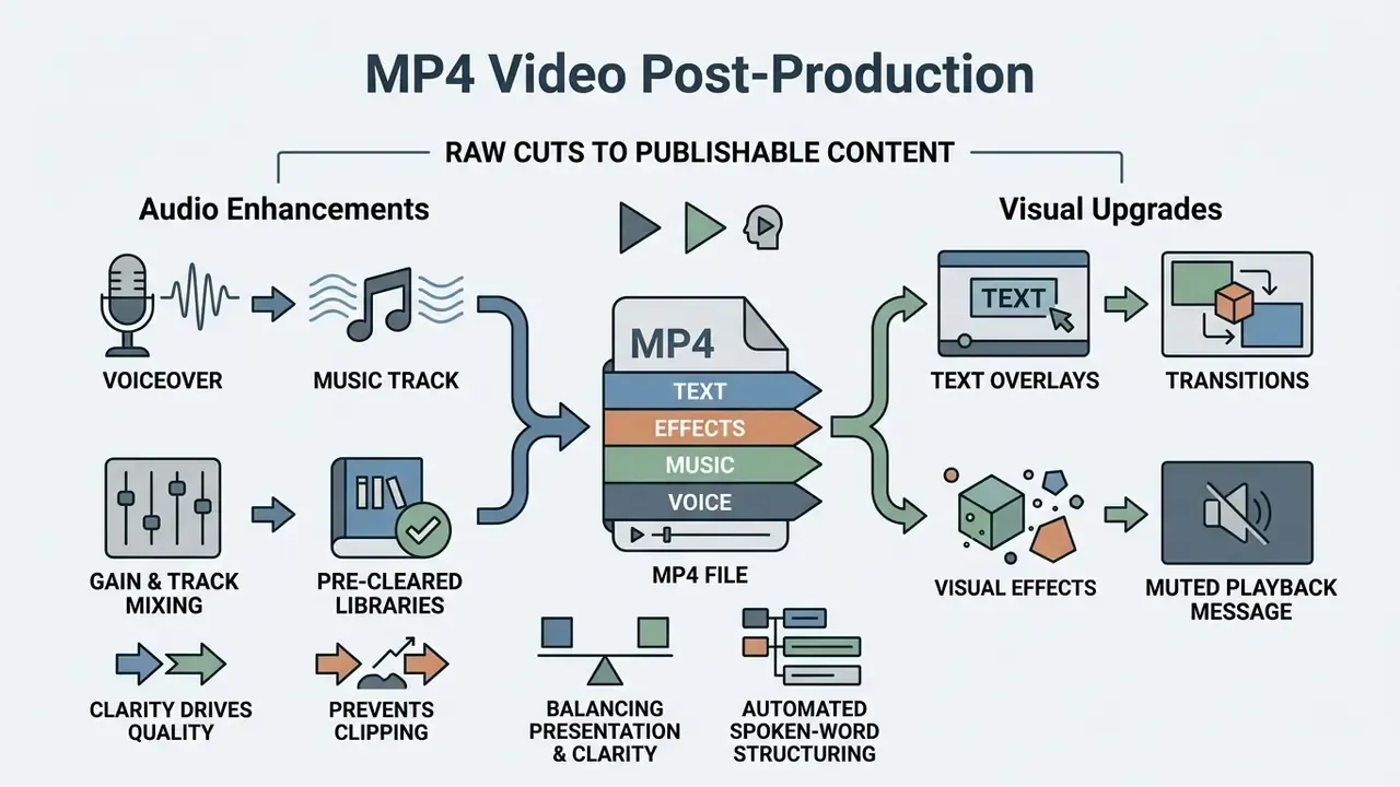 Diagram showing audio and visual elements converging into a central MP4 video file for post-production