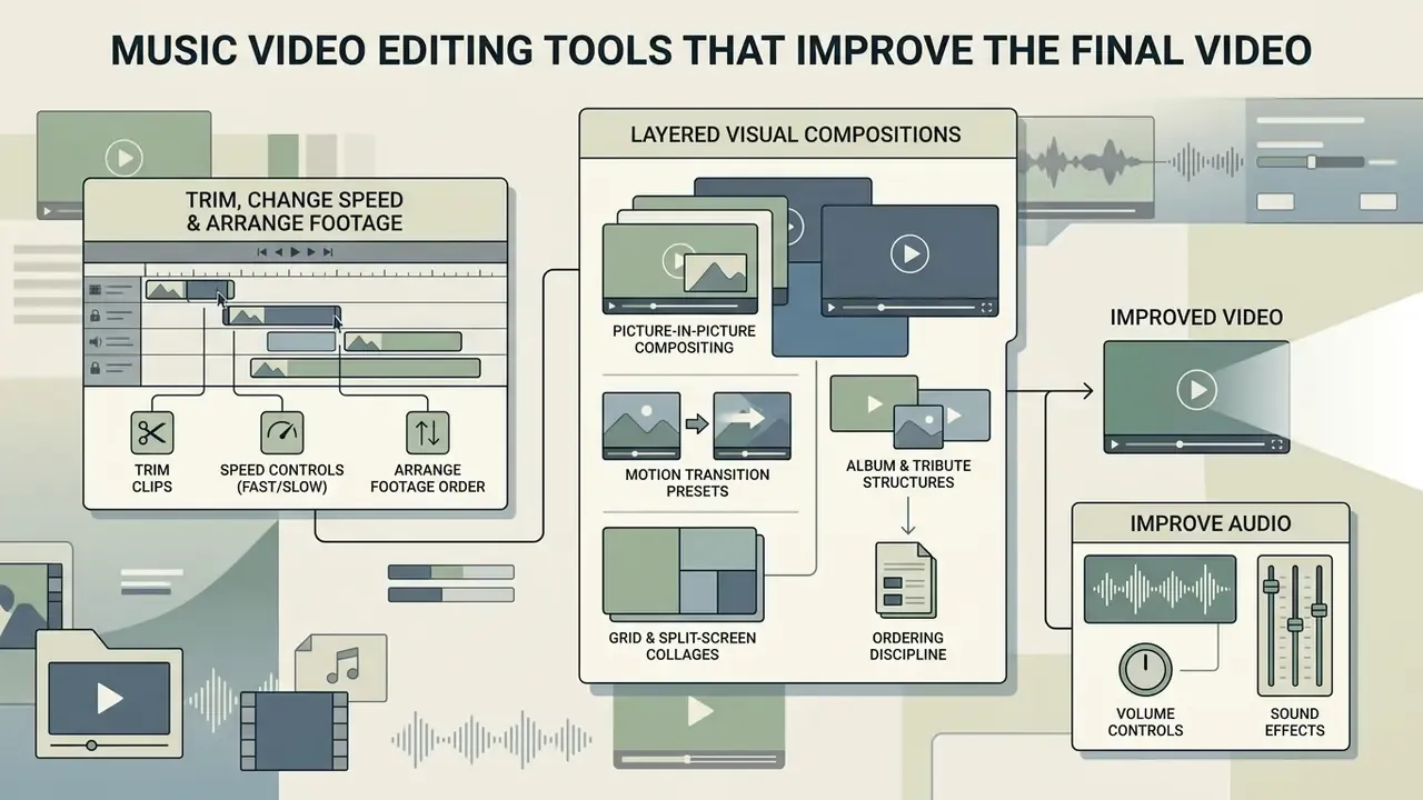 Workflow showing video trimming, layered compositions, and audio adjustment tools for final production