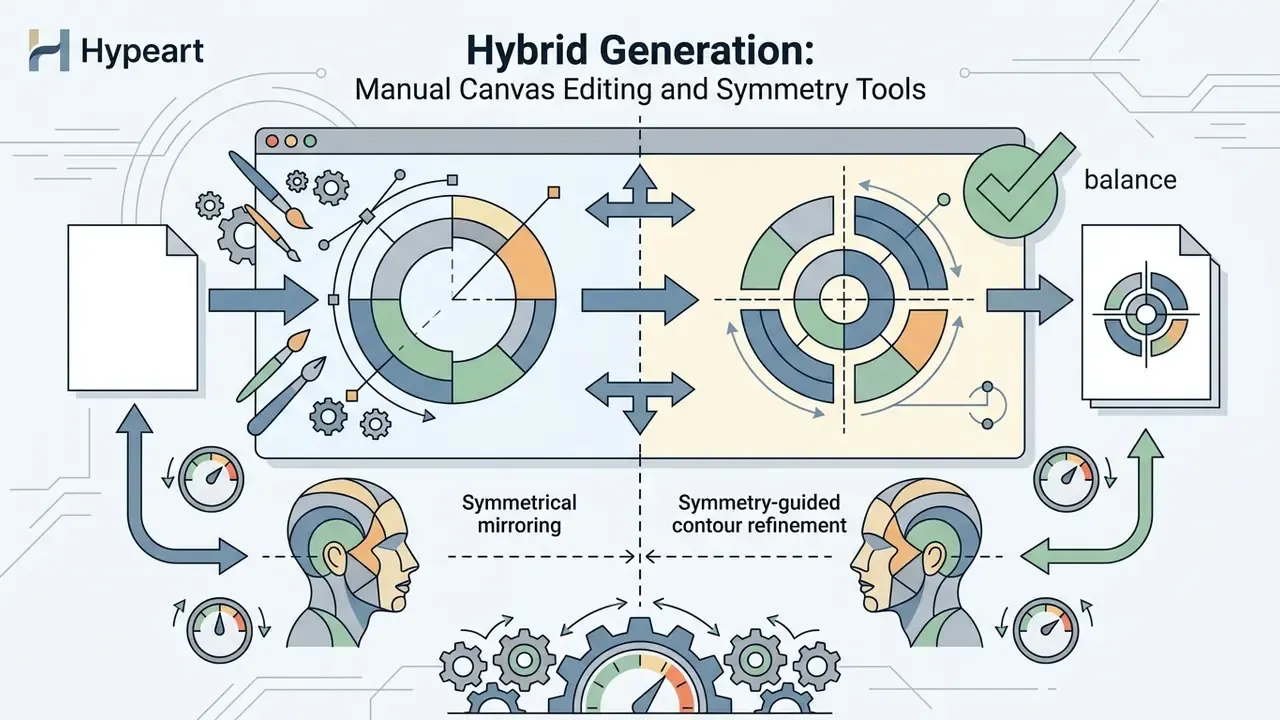 Diagram showing symmetrical mirroring and contour refinement tools used to balance geometric designs