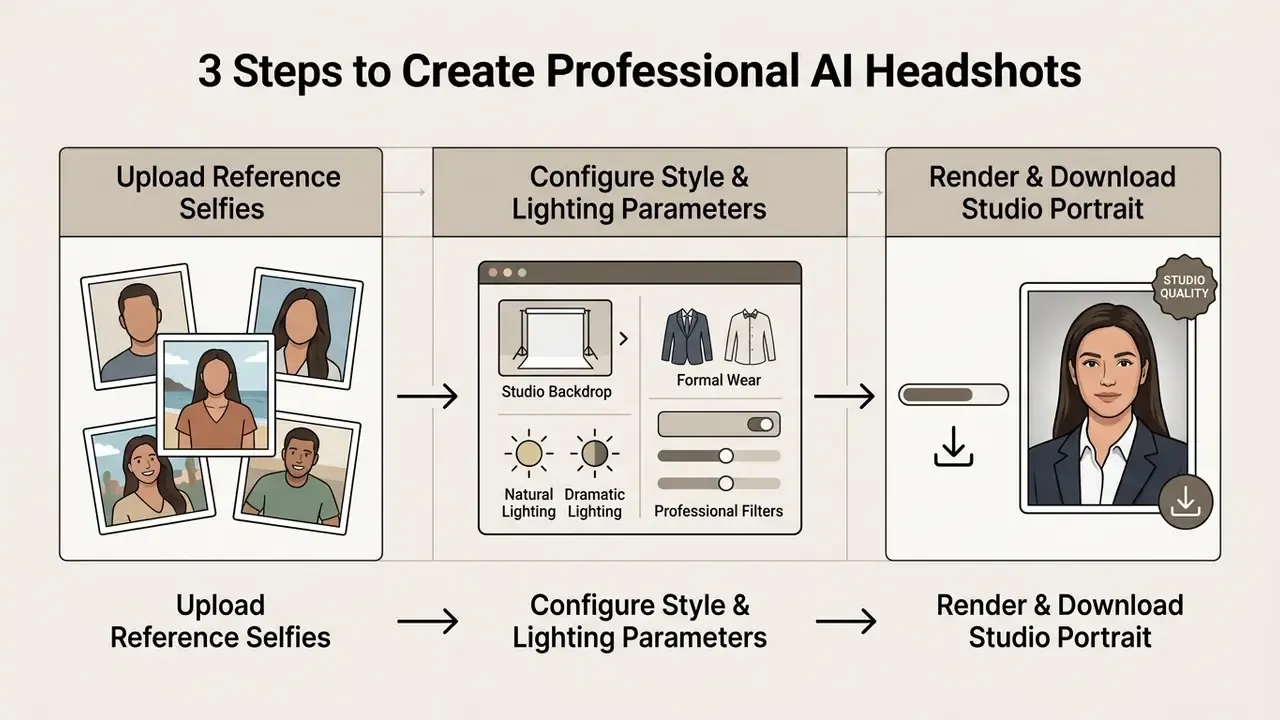 Three-step workflow showing selfie uploads, style and lighting configuration, and final portrait download