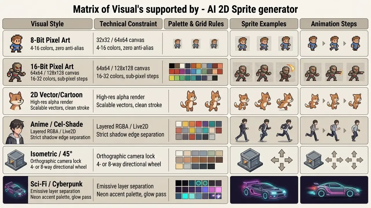 Comparison table detailing technical constraints, color palettes, and animation frames for six art styles