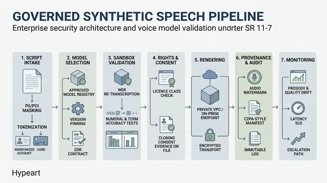 Seven-step sequential diagram detailing the security and validation stages for synthetic speech production