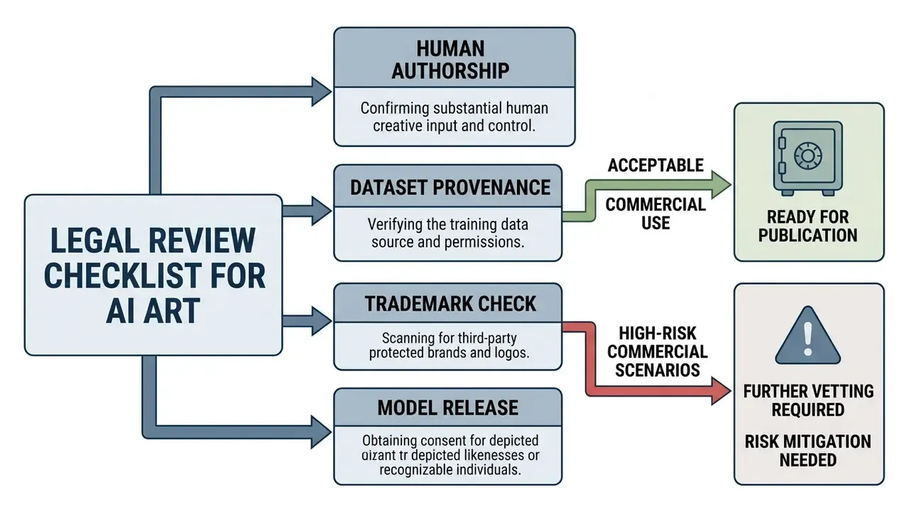 Flowchart showing a legal review checklist for AI art to determine suitability for commercial use
