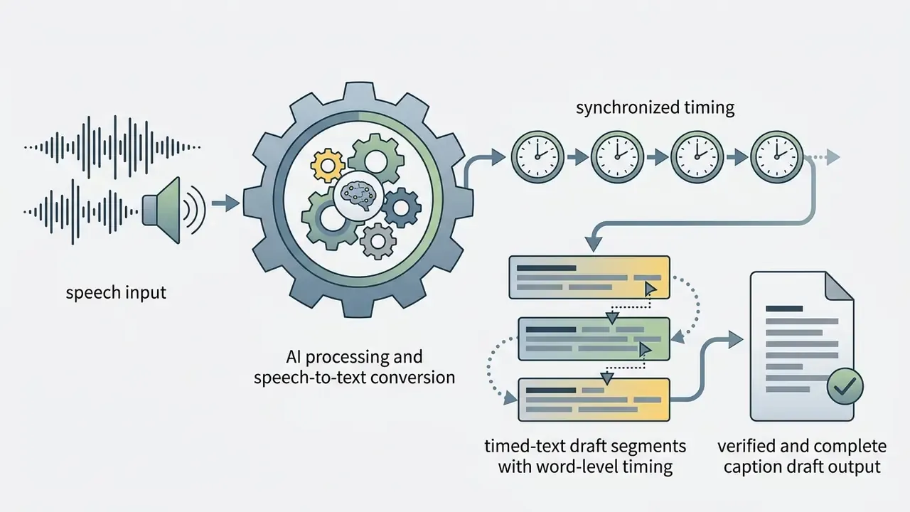 Audio waveforms passing through a gear mechanism to create synchronized timed text draft segments