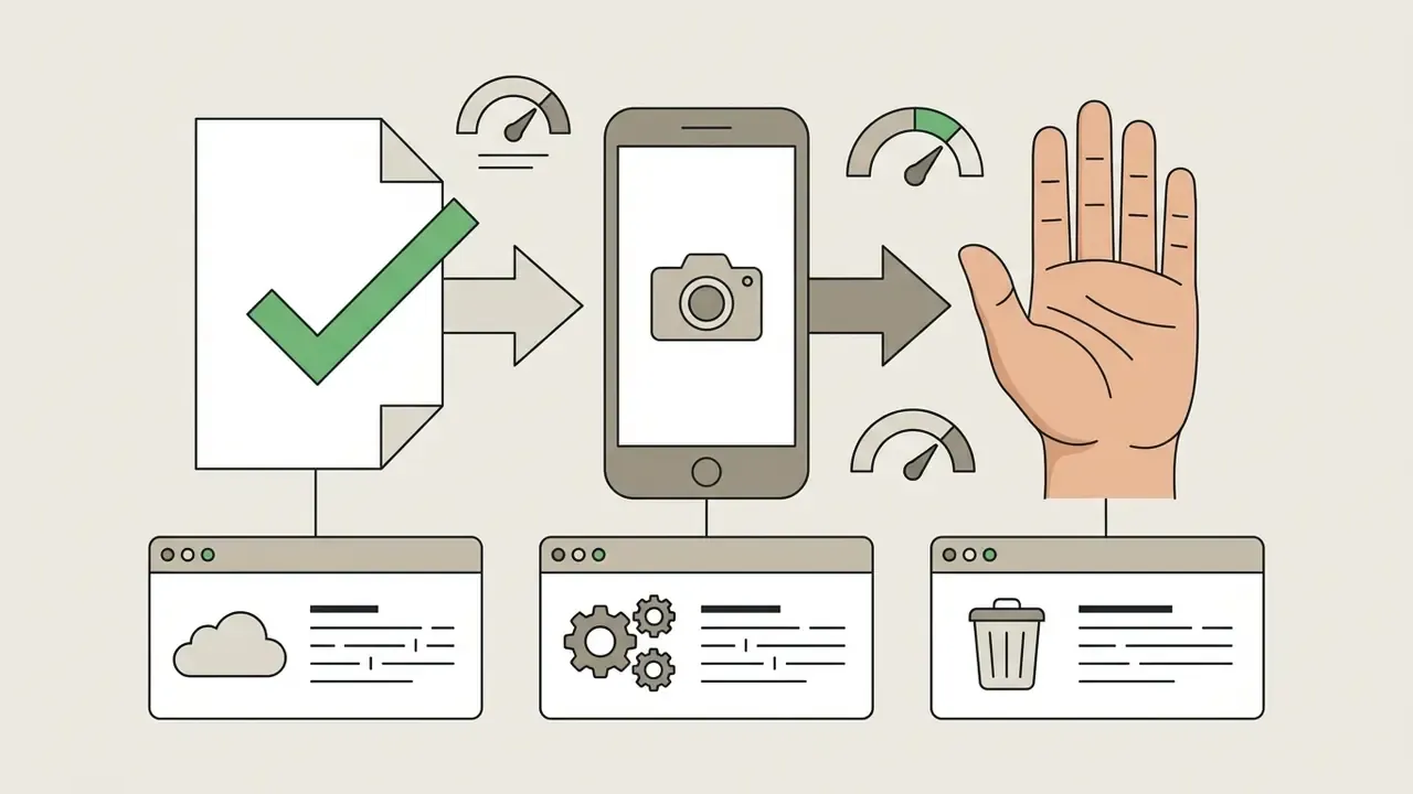 Document with a checkmark, smartphone camera, and hand gesture linked to cloud, gear, and trash icons