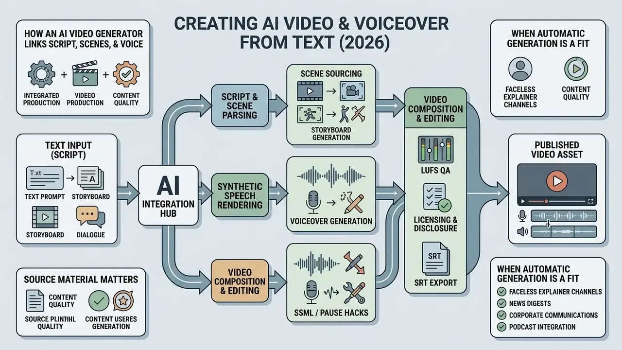 Process flow diagram showing how AI video generation tools convert text prompts into finished video assets