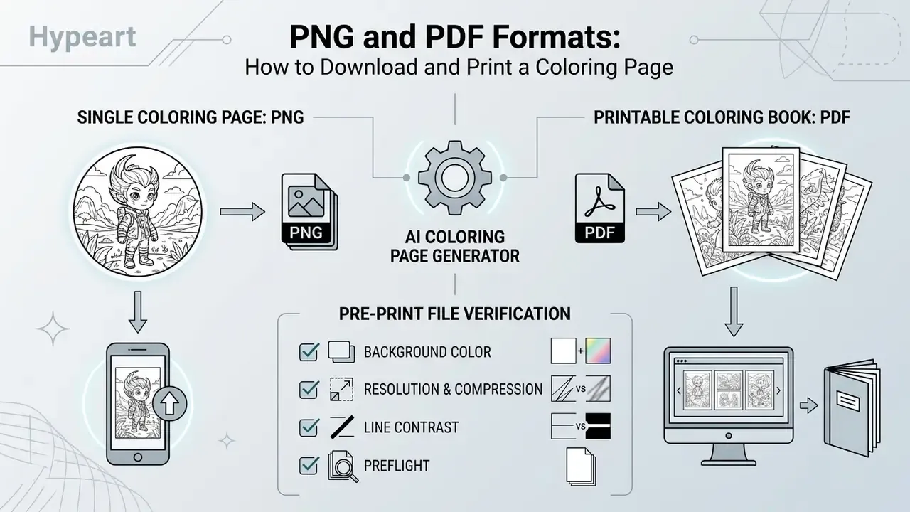 Diagram comparing PNG and PDF workflows for saving individual images versus multi-page coloring books