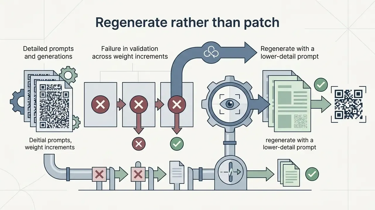 Process map showing validation failures leading to prompt adjustment and successful code generation