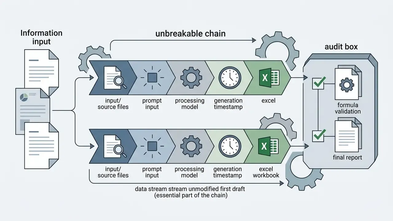 Information inputs flowing through a multi-stage processing chain into an audit box for validation
